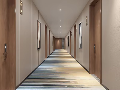 Modern Hotel Corridor Interior Design With Recessed Lighting Striped Carpet And Wooden Doors 3d model