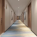 Modern Hotel Corridor Interior Design With Recessed Lighting Striped Carpet And Wooden Doors