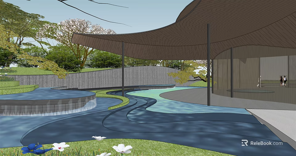 Modern Residential Landscape Featuring Curved Canopy Water Feature And Lush Greenery 3d model 