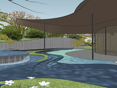 Modern Residential Landscape Featuring Curved Canopy Water Feature And Lush Greenery 3d model