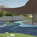 Modern Residential Landscape Featuring Curved Canopy Water Feature And Lush Greenery