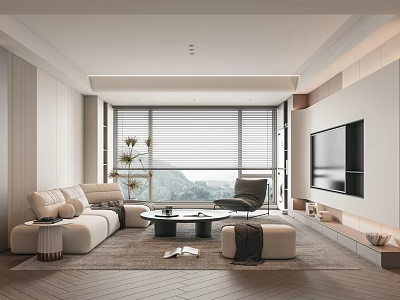 Modern Living Room Interior With Beige Sofa Coffee Table Floor To Ceiling Windows And Armchair 3d model