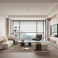 Modern Living Room Interior With Beige Sofa Coffee Table Floor To Ceiling Windows And Armchair