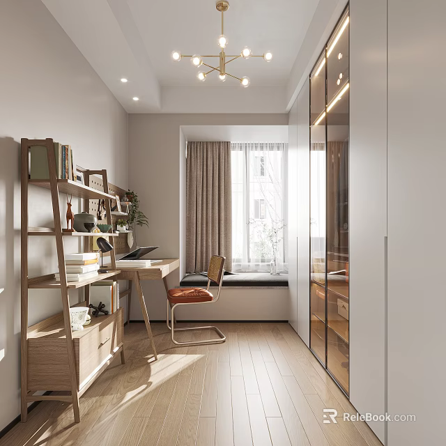 Modern Study Room Interior With Bookshelf Desk Chair And Ceiling Light 3d model