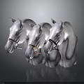 Three White Horse Head Sculptures With Different Colored Bridles On Dark Background 3d model