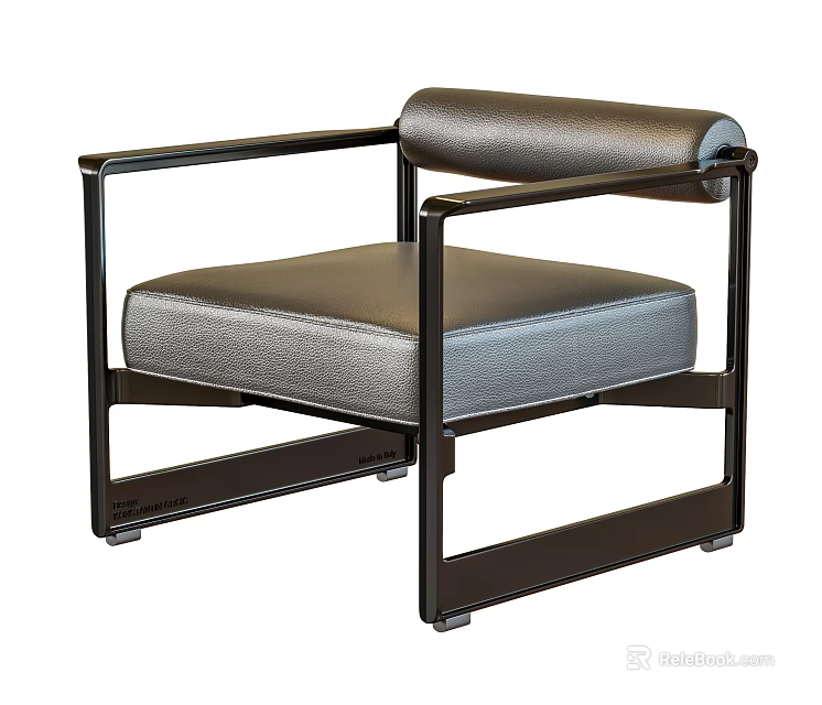 Modern Leisure Chair With Gray Leather Upholstery And Black Metal Frame 3d model 