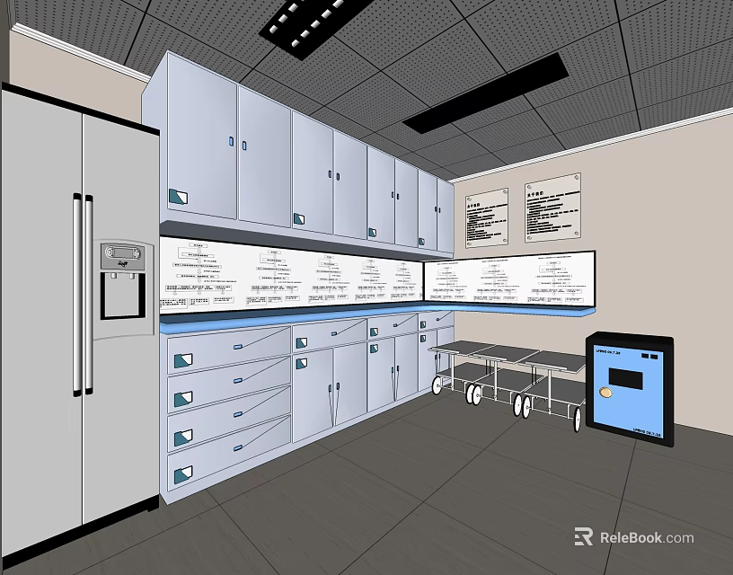 Modern Laboratory Interior With White Cabinets Drawers And Large Display Screens 3d model 