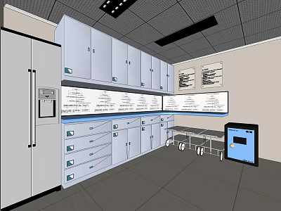 Modern Laboratory Interior With White Cabinets Drawers And Large Display Screens 3d model