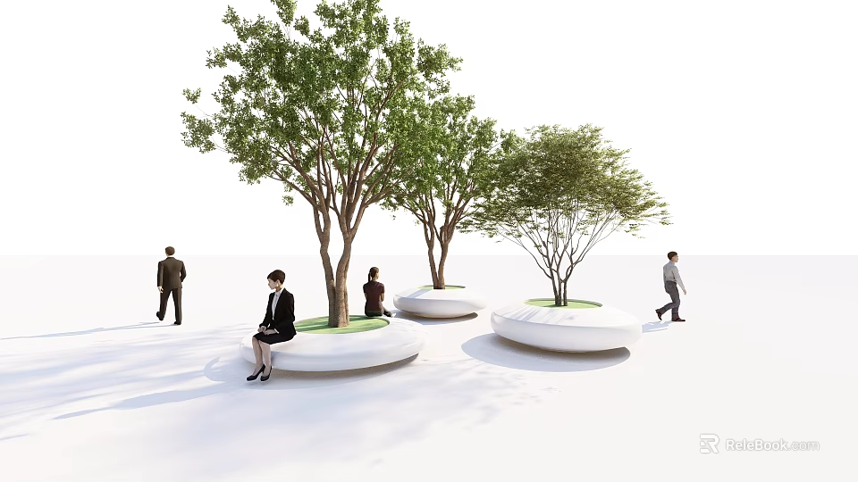 Modern Circular Tree Planters With Green Tops And White Bases For Urban Seating Space 3d model 