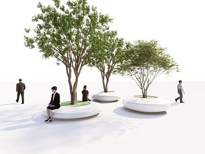 Modern Circular Tree Planters With Green Tops And White Bases For Urban Seating Space 3d model
