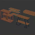Various Wooden Storage Shelves And Tables With Metal Frames And Tiered Designs