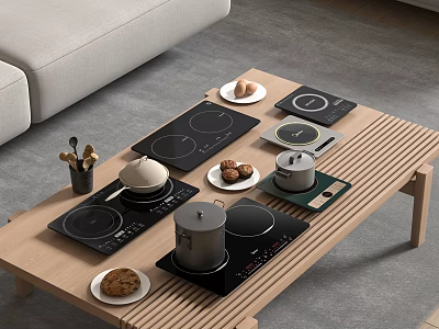 Modern Kitchen Appliances On Wooden Table With Induction Cooktops Pots Plates With Cookies And Eggs 3d model