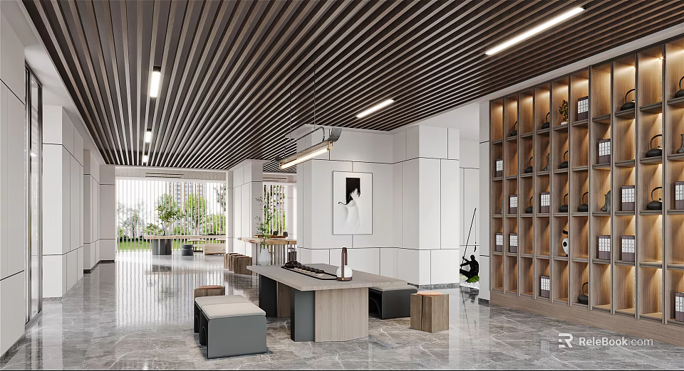 Modern Interior Space Featuring Wooden Ceiling Linear Lights White Walls Display Cabinets And Long Table 3d model 
