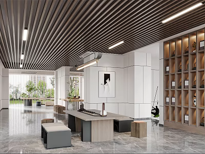 Modern Interior Space Featuring Wooden Ceiling Linear Lights White Walls Display Cabinets And Long Table 3d model
