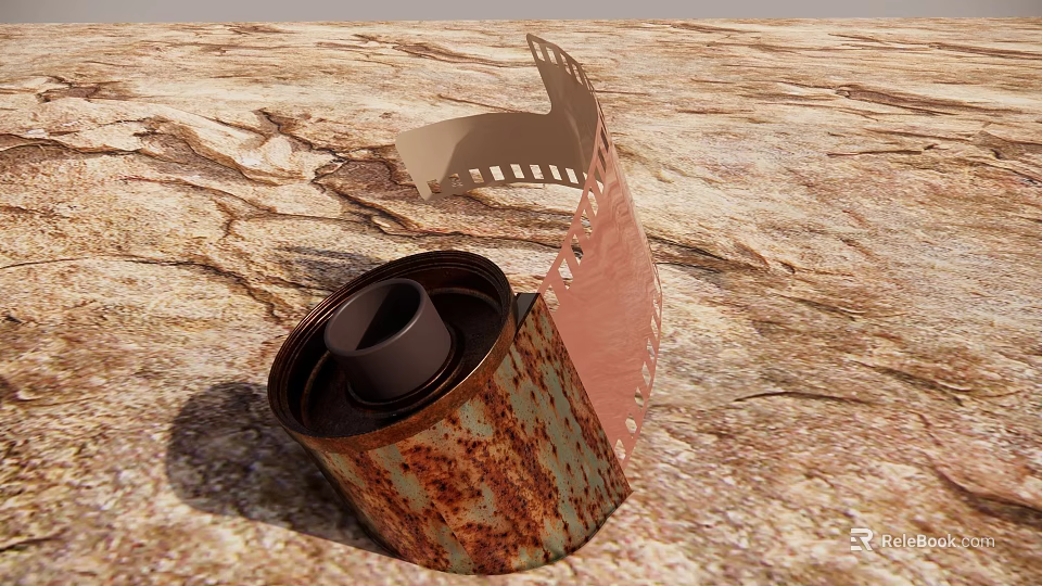 Rusty Film Canister with Unrolled Film on Rough Ground Surface 3d model 