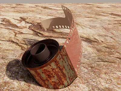 Rusty Film Canister with Unrolled Film on Rough Ground Surface 3d model