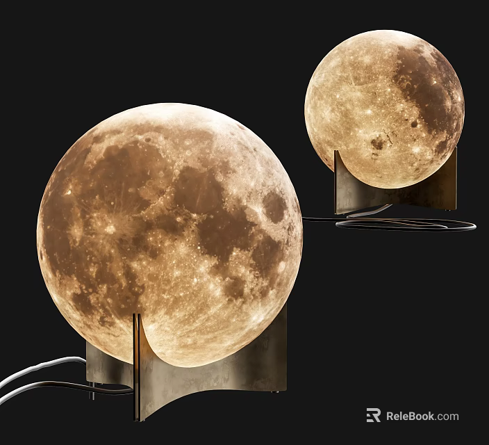 Two Table Lamps With Moon Surface Texture And Metal Base On Black Background 3d model