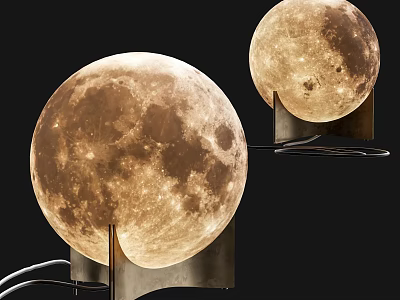 Two Table Lamps With Moon Surface Texture And Metal Base On Black Background 3d model