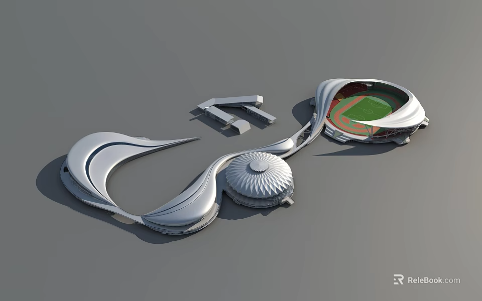 Aerial View Planning of Modern Streamlined Design with Stadium Green Field and Domed Structure 3d model 