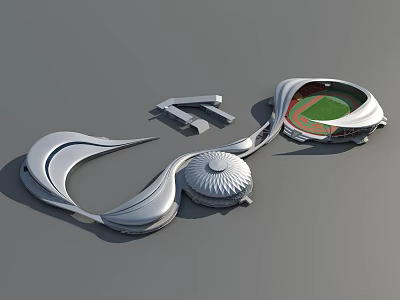 Aerial View Planning of Modern Streamlined Design with Stadium Green Field and Domed Structure 3d model