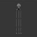 Silver Robot With Green Eye And Long Slender Legs Standing On Dark Surface