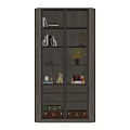 Dark Gray Wooden Storage Cabinet With Multiple Shelves Drawers Books And Decorative Items