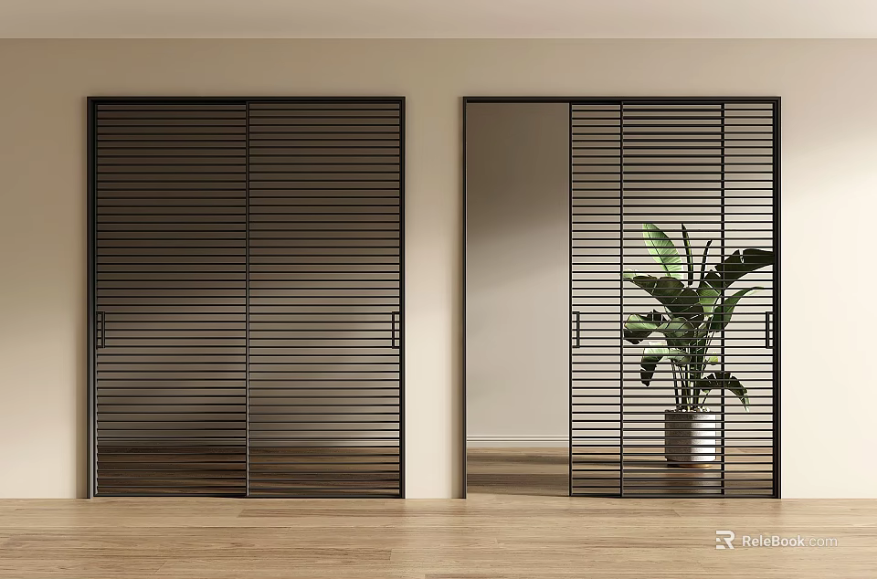 Modern Interior Featuring Black Frame Louvered Sliding Doors And Green Plant On Wooden Floor 3d model 