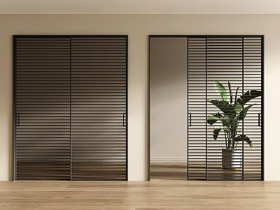 Modern Interior Featuring Black Frame Louvered Sliding Doors And Green Plant On Wooden Floor 3d model