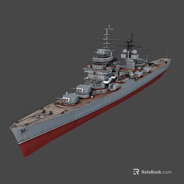Large Warship With Gray Hull Red Bottom Main Turrets And Superstructure 3d model 