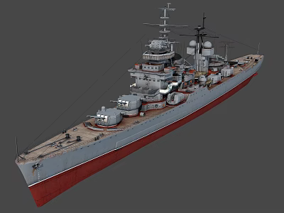 Large Warship With Gray Hull Red Bottom Main Turrets And Superstructure 3d model