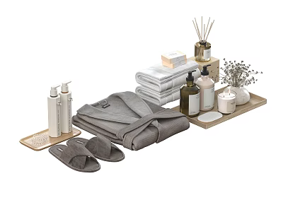 Gray Bathroom Accessories Set With Towels Bathrobe Slippers Aromatherapy Lotion Bottles And Soap Dish 3d model
