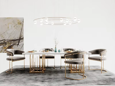 Elegant Modern Dining Table Set With Gray Upholstered Gold Frame Chairs Pendant Light Abstract Painting 3d model