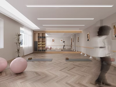 Modern Dance Studio With Yoga Mats Pink Exercise Balls And Wooden Floor 3d model