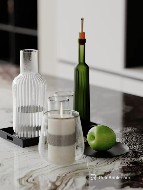 Decorative Ornament Set With Transparent Ribbed Vase Green Bottle Candle And Green Apple On Tray 3d model 