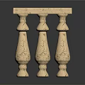 Ornate Crackled Stone Balustrade with Three Decorative Columns Smooth Top and Dark Reflective Surface
