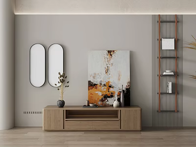 Modern Light Wood TV Stand With Abstract Painting Oval Mirrors And Shelving Unit 3d model