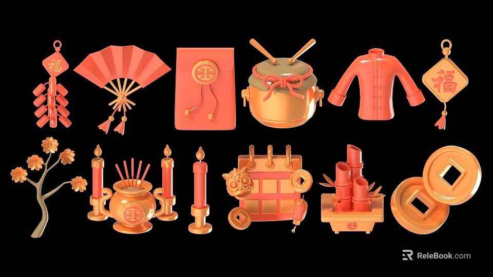 Vibrant Chinese Traditional Cultural Items With Red Fan Envelope Drum Gold Ingot Bamboo And Decorations 3d model 