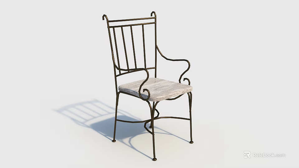 Single Chair With Vintage Metal Frame Wooden Slatted Seat And Curved Armrests 3d model 