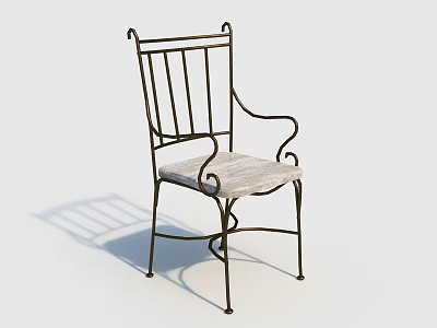 Single Chair With Vintage Metal Frame Wooden Slatted Seat And Curved Armrests 3d model