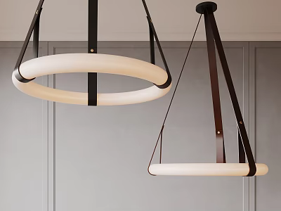 Modern Circular Chandeliers With Metal Frame And White Shade Hanging In Interior 3d model