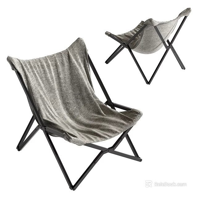 Comfortable Foldable Leisure Chair With Soft Gray Fabric And Black Metal Frame 3d model 