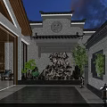 Traditional Chinese Garden Landscape With Wooden Structure Glass Windows And Green Plants In Dining Area