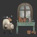 Vintage Scooter With Cat On Seat Near Teal Table Clay Pots Kettle And Arched Window