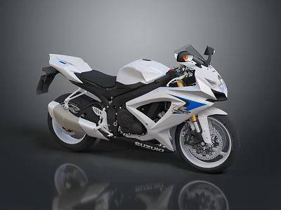White And Blue Suzuki Sports Motorcycle With Black Seat Alloy Wheels And Sporty Design 3d model