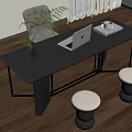 Modern Gray Desk With Laptop Coffee Cup Book Green Plant And Stools