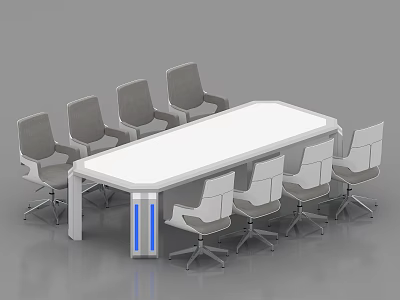 Modern Conference Table With White Surface And Surrounding Ergonomic Gray Chairs 3d model