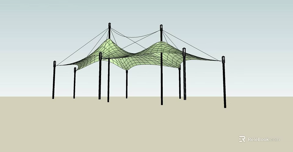 Tensile Membrane Structure With Wavy Mesh Canopy And Black Support Poles 3d model 