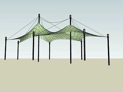 Tensile Membrane Structure With Wavy Mesh Canopy And Black Support Poles 3d model