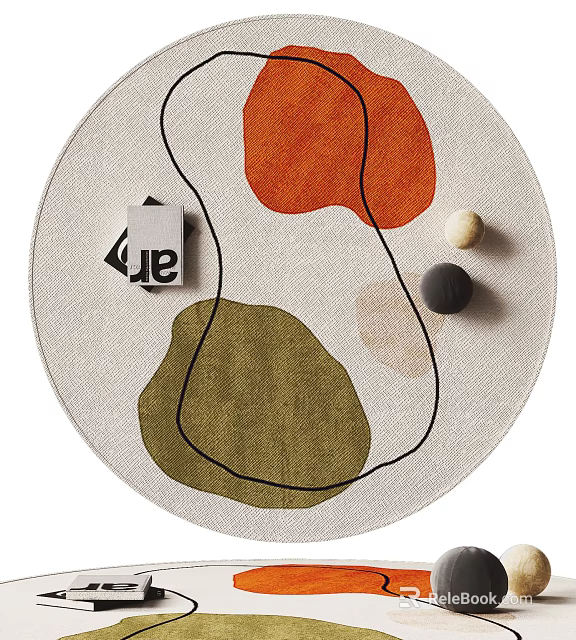 Modern Round Rug With Abstract Orange Green Patterns And Minimalist Decor Accents 3d model 