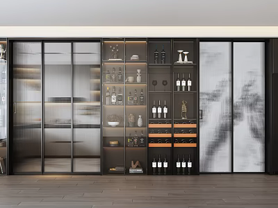 Modern Wine Cabinet With Glass Doors And Shelves For Wine Bottles And Decorative Items 3d model